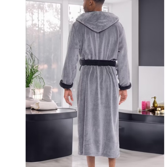 Elexander Del Rossa Mens Robe, Plush Fleece Hooded Cozy Bathrobe Sz L Gray/Black - Picture 2 of 11